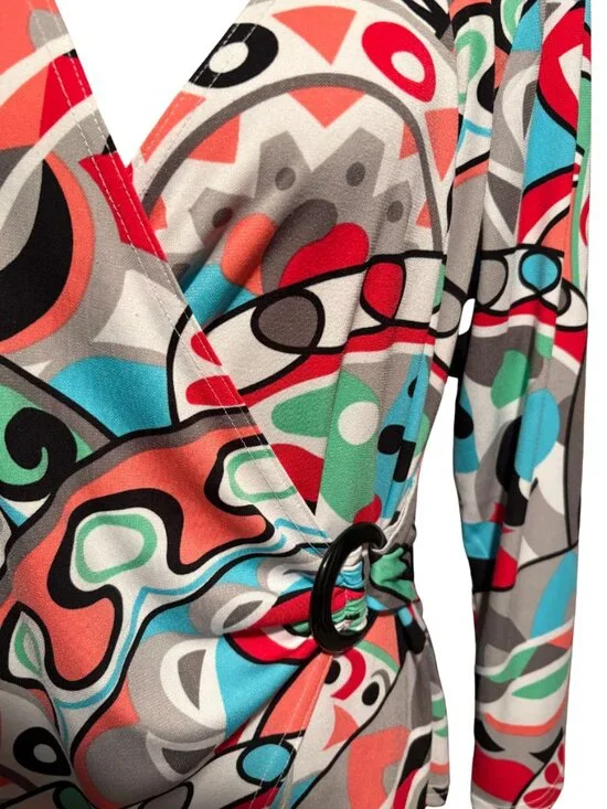 Savvy Studio Faux Wrap Top L Abstract Print Surplice Blouse 3/4 Sleeve Retro - Picture 3 of 7